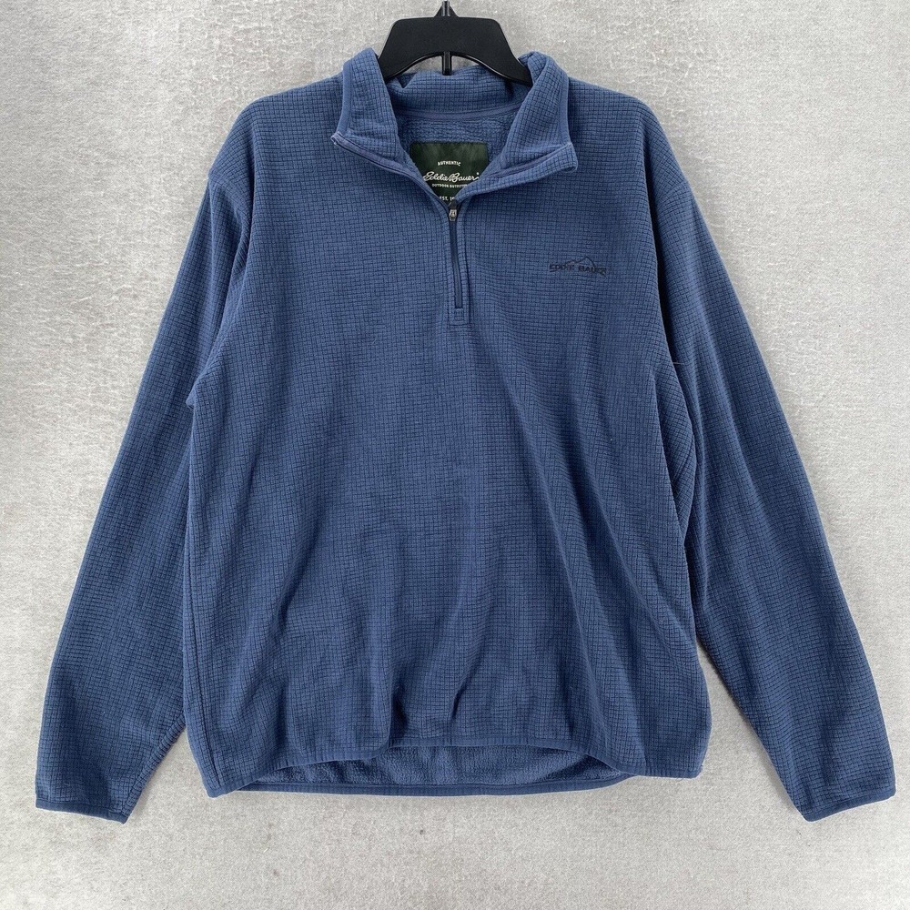 Eddie Bauer 1/4 Zip Pullover Mens LARGE Fleece Textured Sweater Blue Relaxed Fit